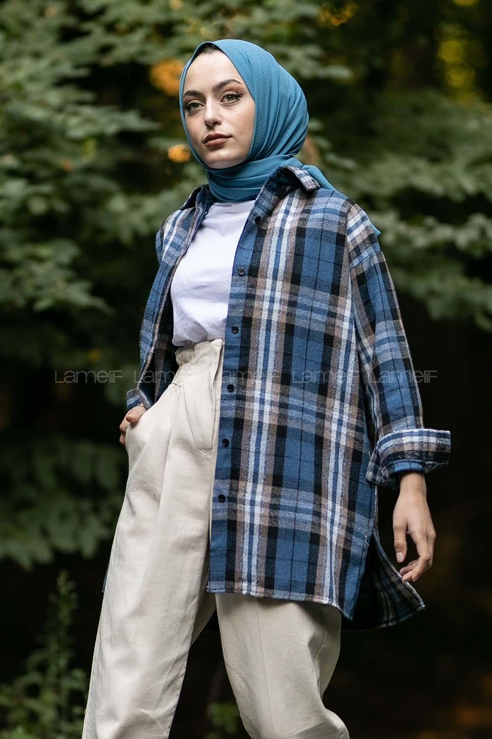 Modalamelif Önü Boydan Düğmeli Oduncu Ekose Gömlek İndigo