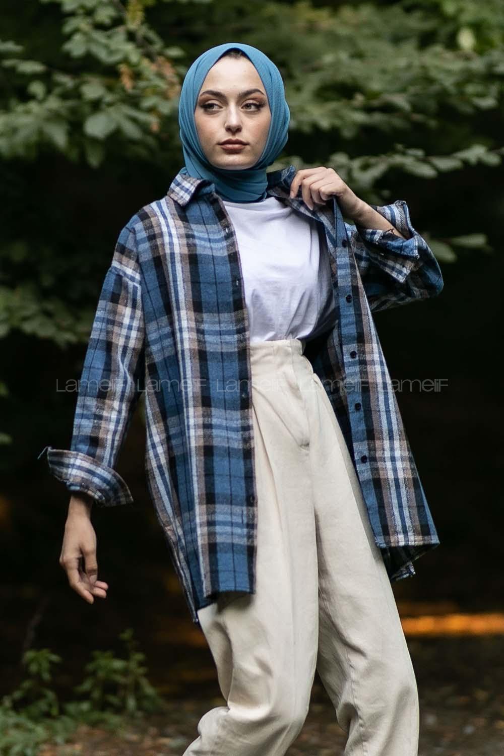 Modalamelif Önü Boydan Düğmeli Oduncu Ekose Gömlek İndigo