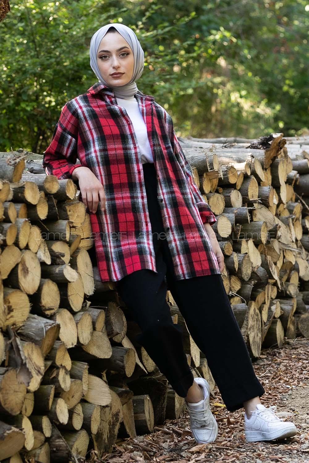 Modalamelif Önü Boydan Düğmeli Oduncu Ekose Gömlek Kırmızı