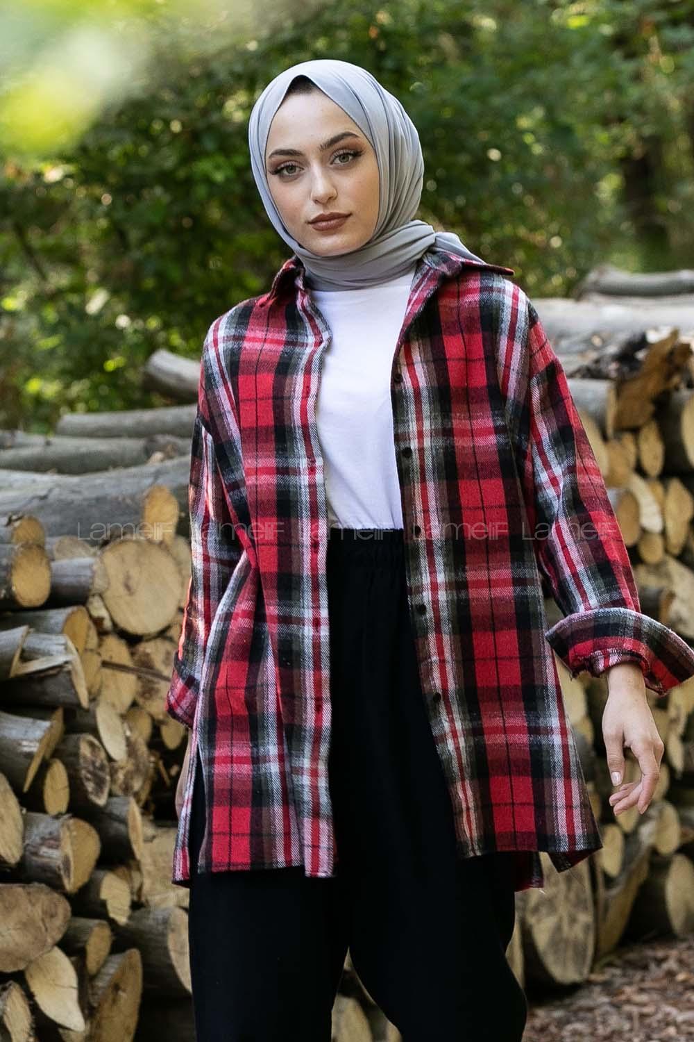 Modalamelif Önü Boydan Düğmeli Oduncu Ekose Gömlek Kırmızı