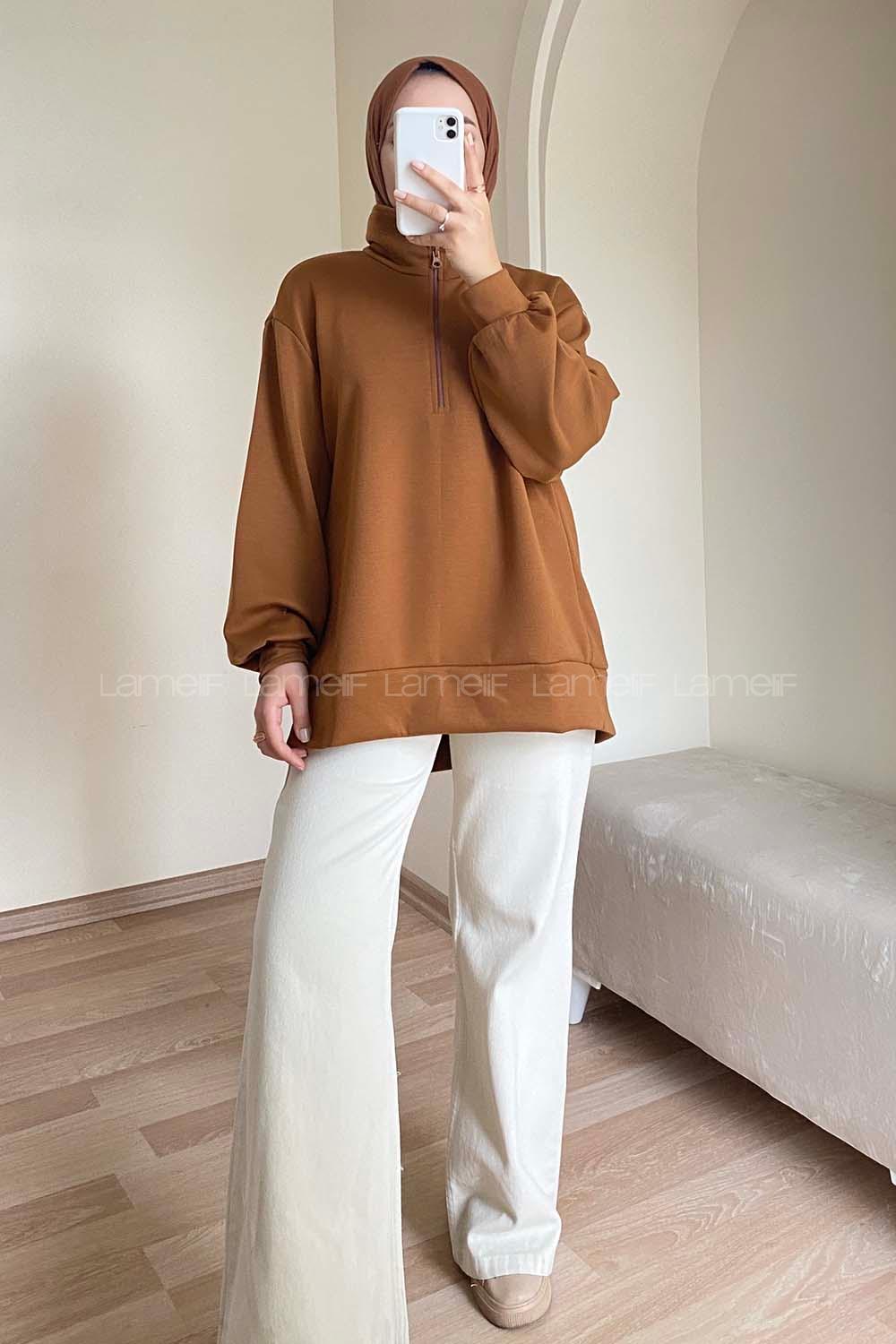 Modalamelif Önü Yarım Fermuarlı Oversize Sweat Camel