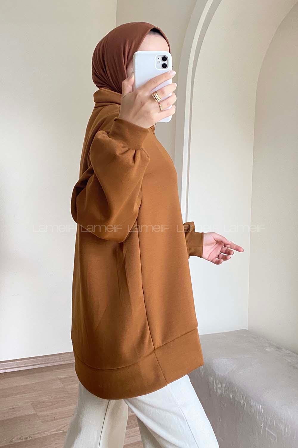 Modalamelif Önü Yarım Fermuarlı Oversize Sweat Camel