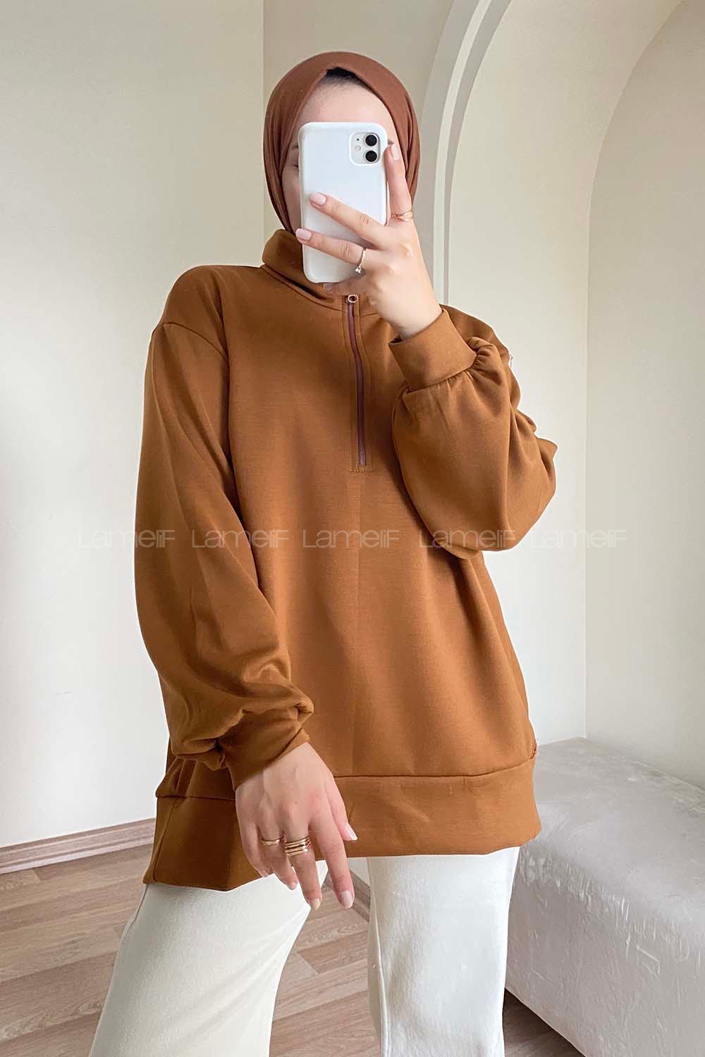 Modalamelif Önü Yarım Fermuarlı Oversize Sweat Camel