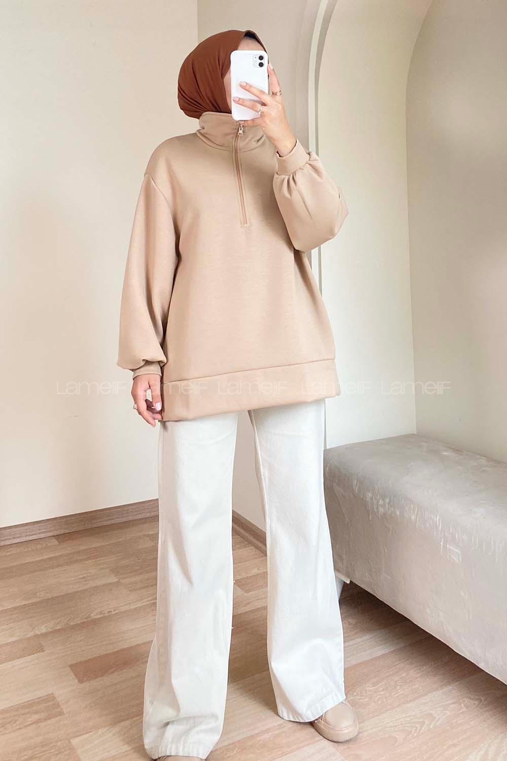 Modalamelif Önü Yarım Fermuarlı Oversize Sweat Sütlükahve