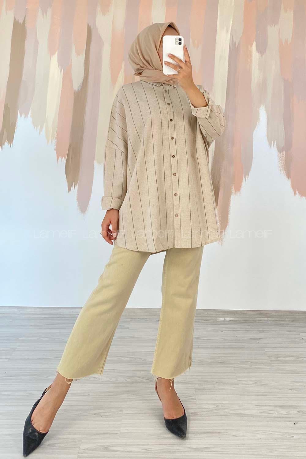 Modalamelif ÖnüBoydan Düğmeli Çizgi Desenli Keten Gömlek