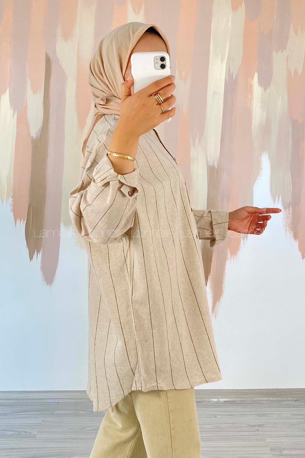 Modalamelif ÖnüBoydan Düğmeli Çizgi Desenli Keten Gömlek