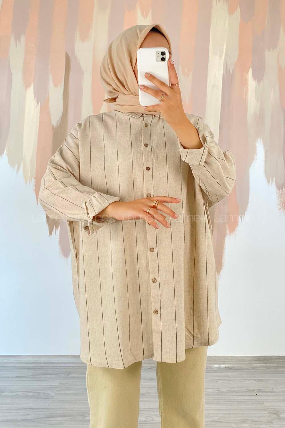 Modalamelif ÖnüBoydan Düğmeli Çizgi Desenli Keten Gömlek