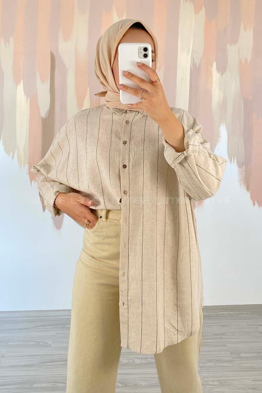 Modalamelif ÖnüBoydan Düğmeli Çizgi Desenli Keten Gömlek