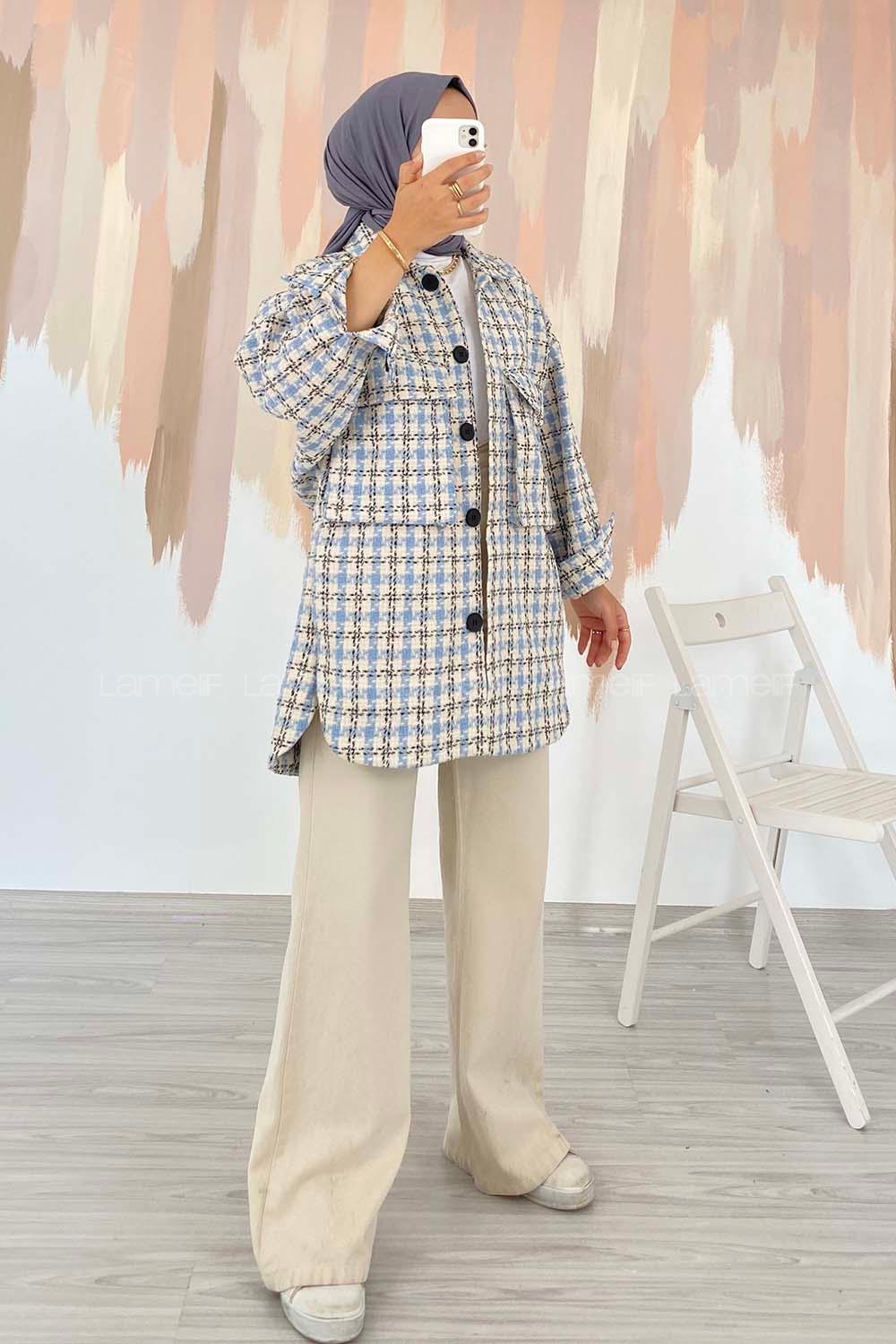 Modalamelif Oversize Körük Çift Cepli Kare Desenli Ceket Açık Mavi