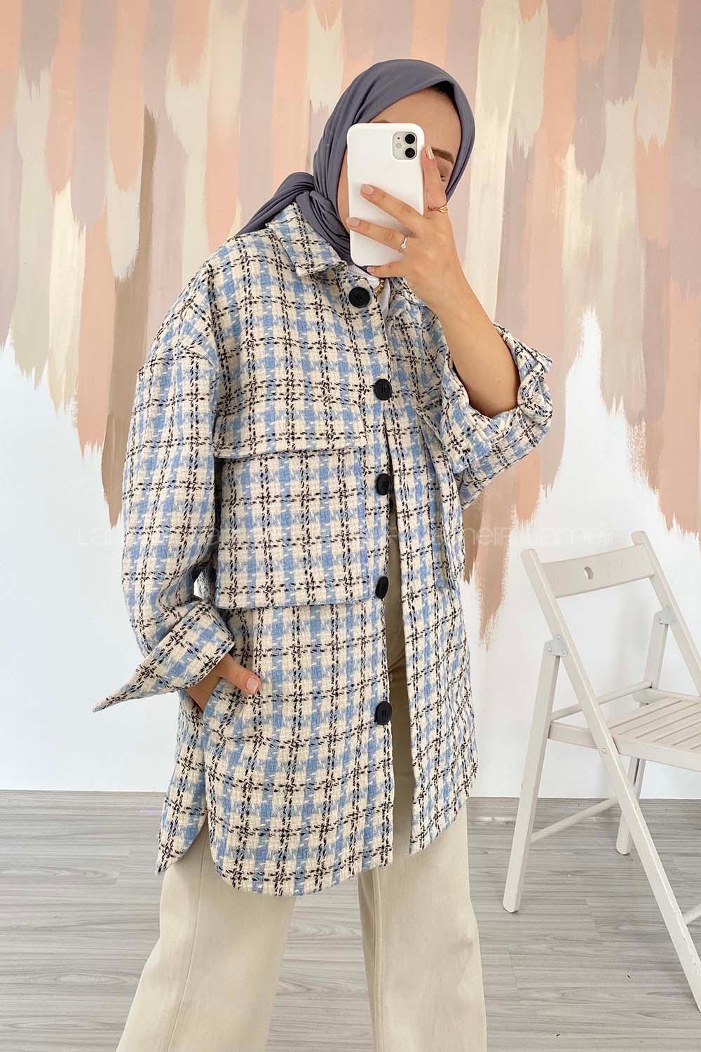 Modalamelif Oversize Körük Çift Cepli Kare Desenli Ceket Açık Mavi