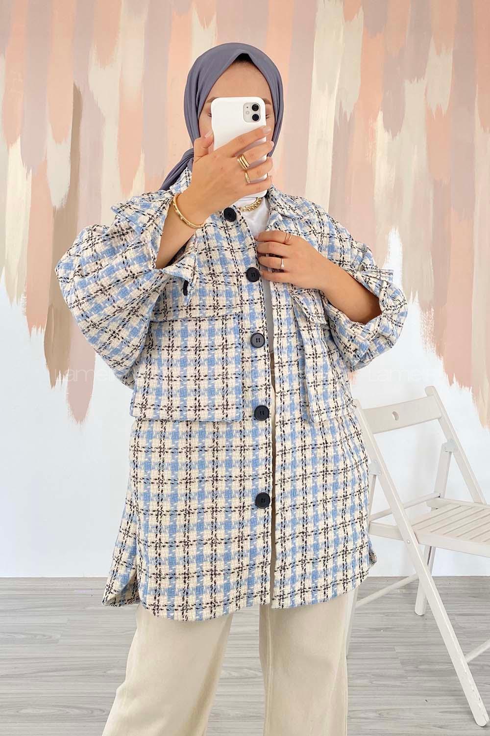 Modalamelif Oversize Körük Çift Cepli Kare Desenli Ceket Açık Mavi