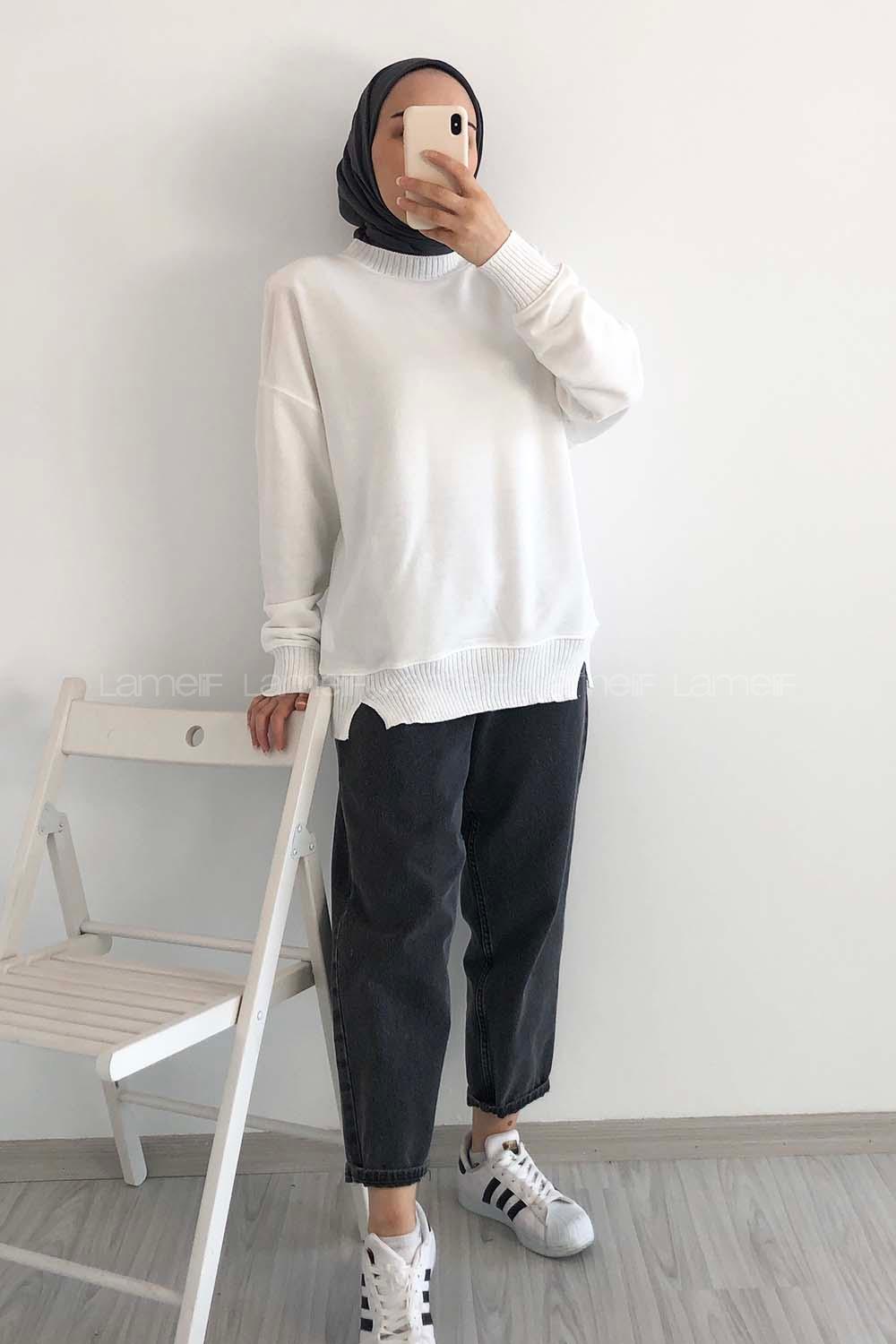 Modalamelif Bisiklet Yaka Düz Renk Desen Tonia Kazak Beyaz