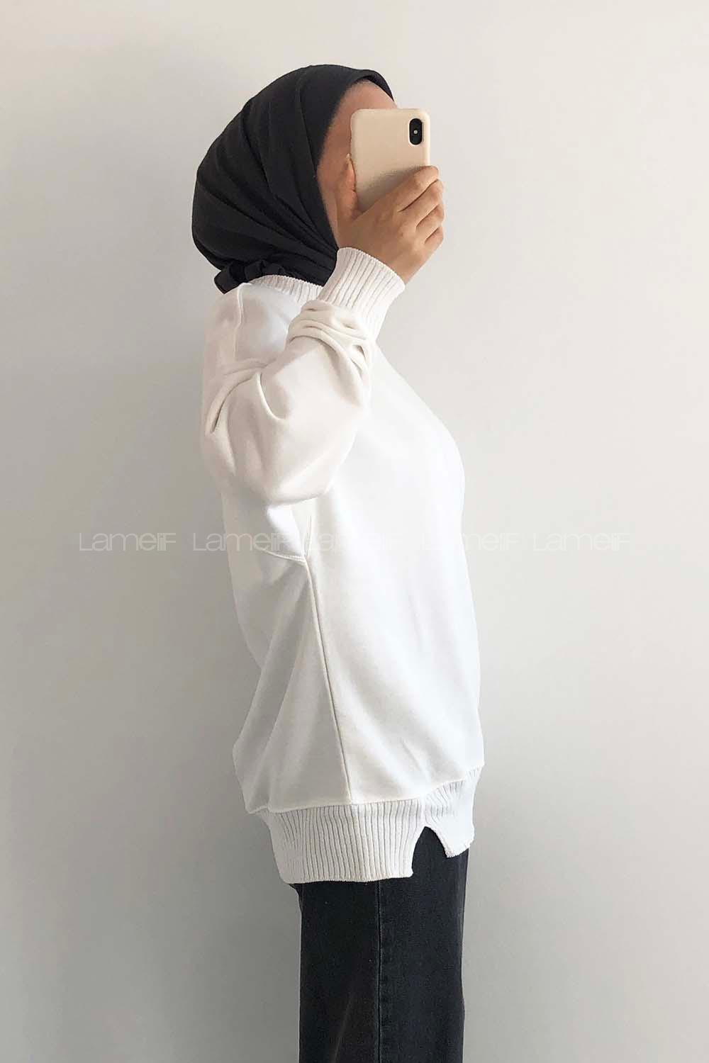 Modalamelif Bisiklet Yaka Düz Renk Desen Tonia Kazak Beyaz