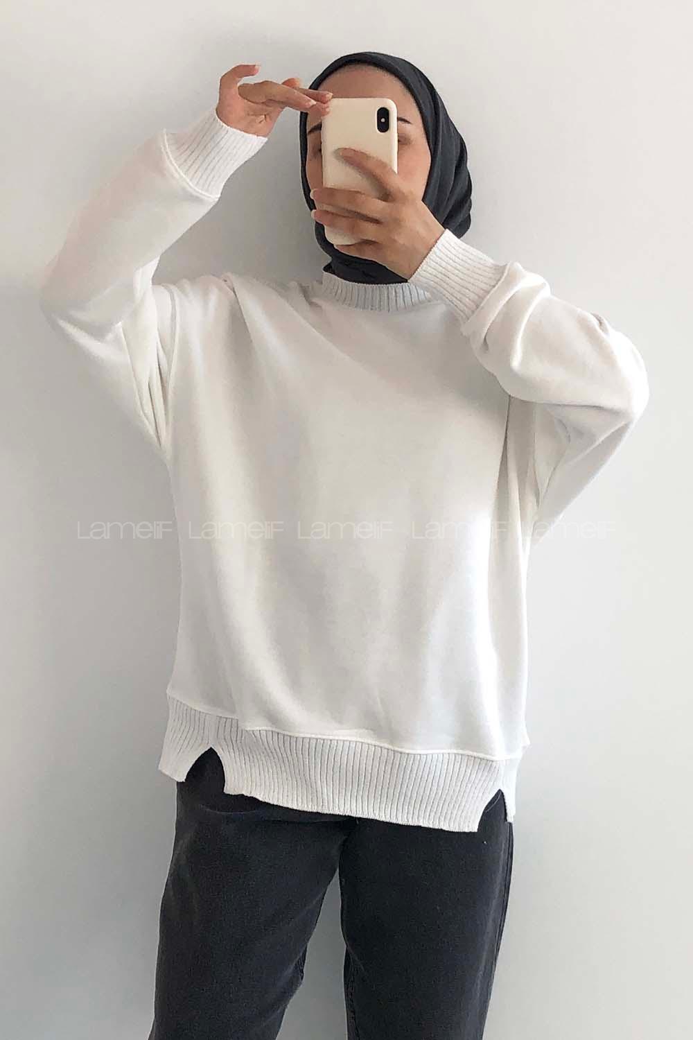 Modalamelif Bisiklet Yaka Düz Renk Desen Tonia Kazak Beyaz