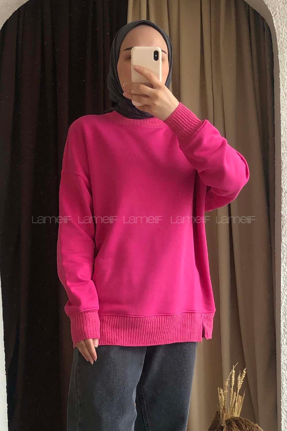 Modalamelif Bisiklet Yaka Düz Renk Desen Tonia Sweat Fuşya