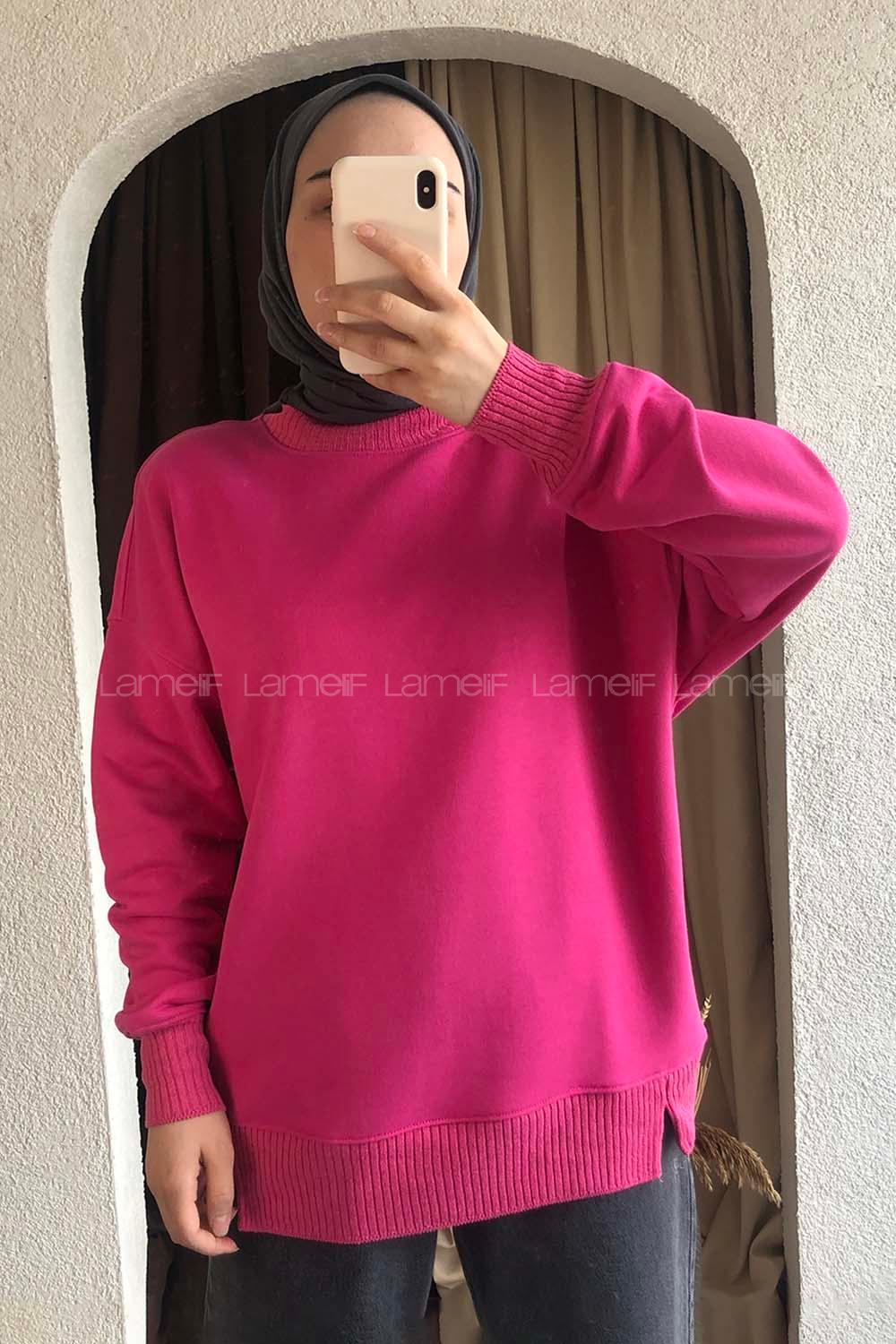 Modalamelif Bisiklet Yaka Düz Renk Desen Tonia Sweat Fuşya