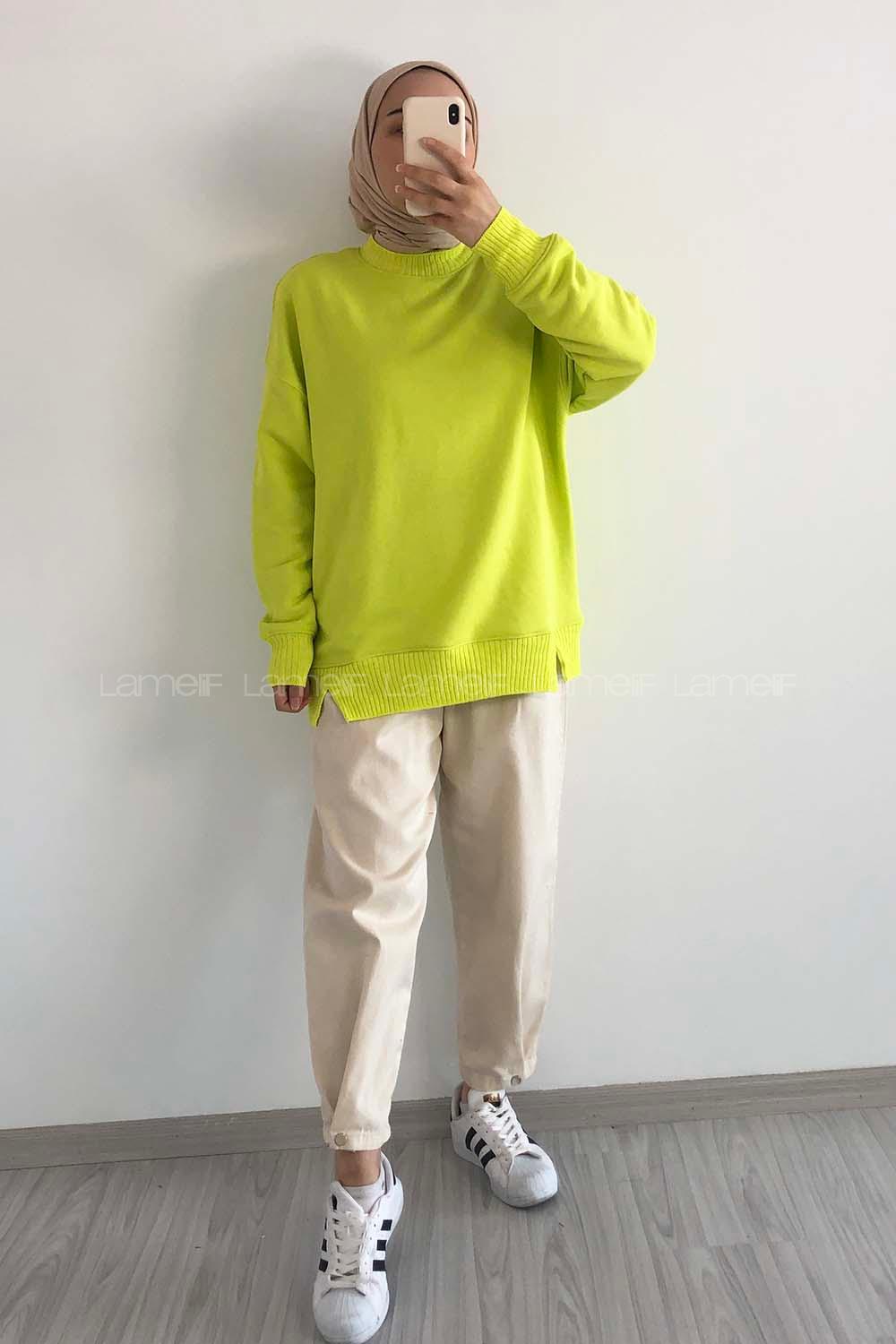 Modalamelif Bisiklet Yaka Düz Renk Desen Tonia Kazak Neon Yeşil