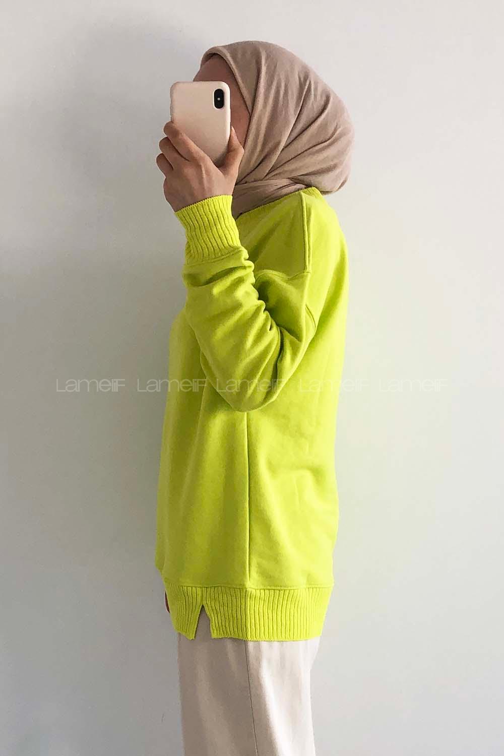 Modalamelif Bisiklet Yaka Düz Renk Desen Tonia Kazak Neon Yeşil