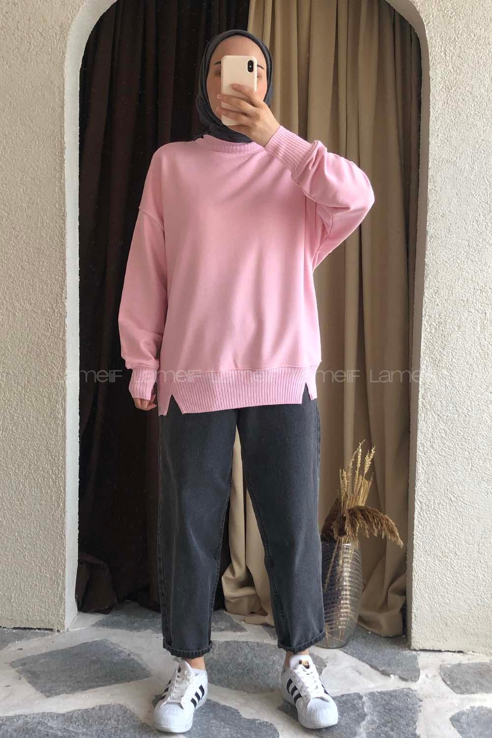 Modalamelif Bisiklet Yaka Düz Renk Desen Tonia Sweat Pudra