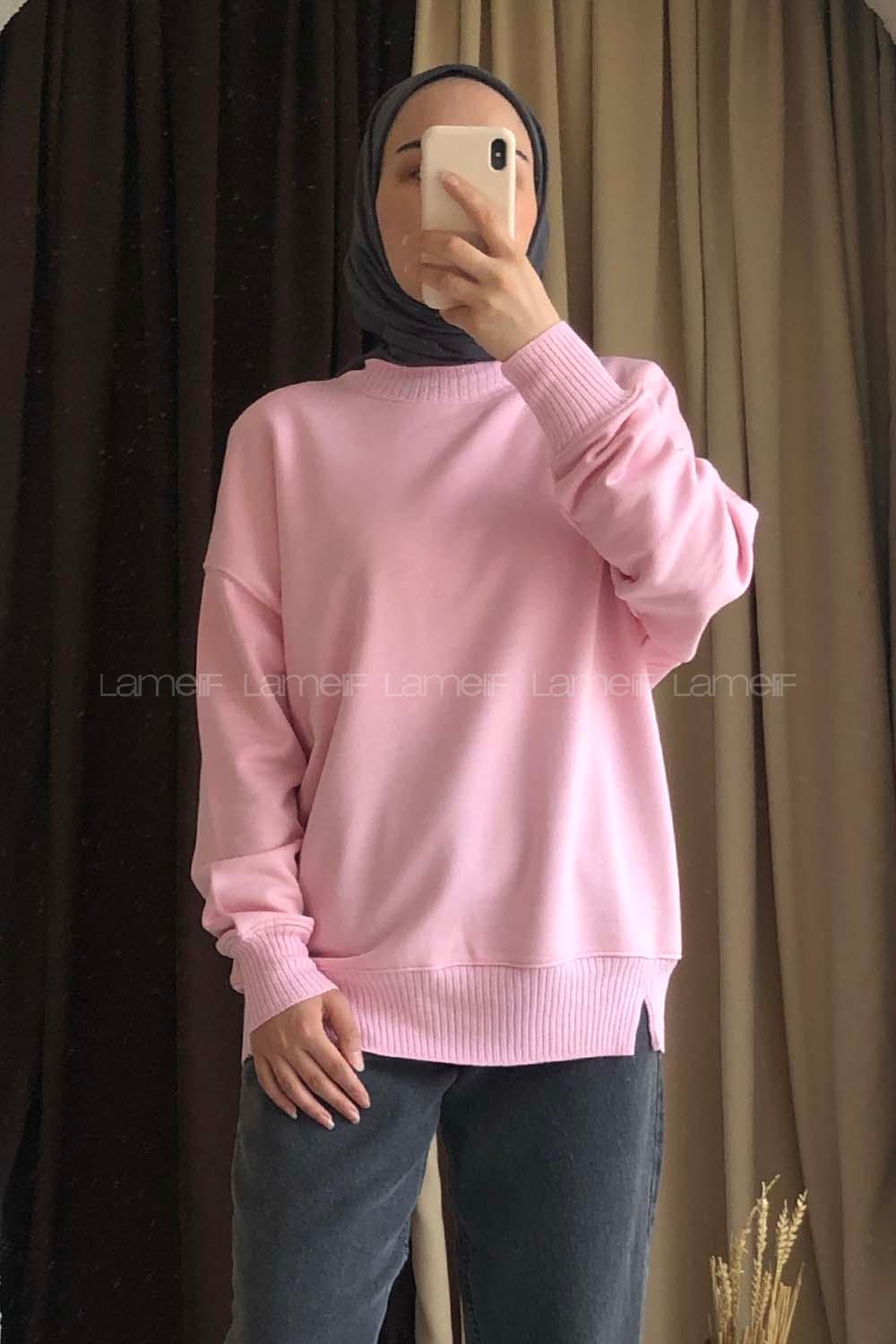 Modalamelif Bisiklet Yaka Düz Renk Desen Tonia Sweat Pudra