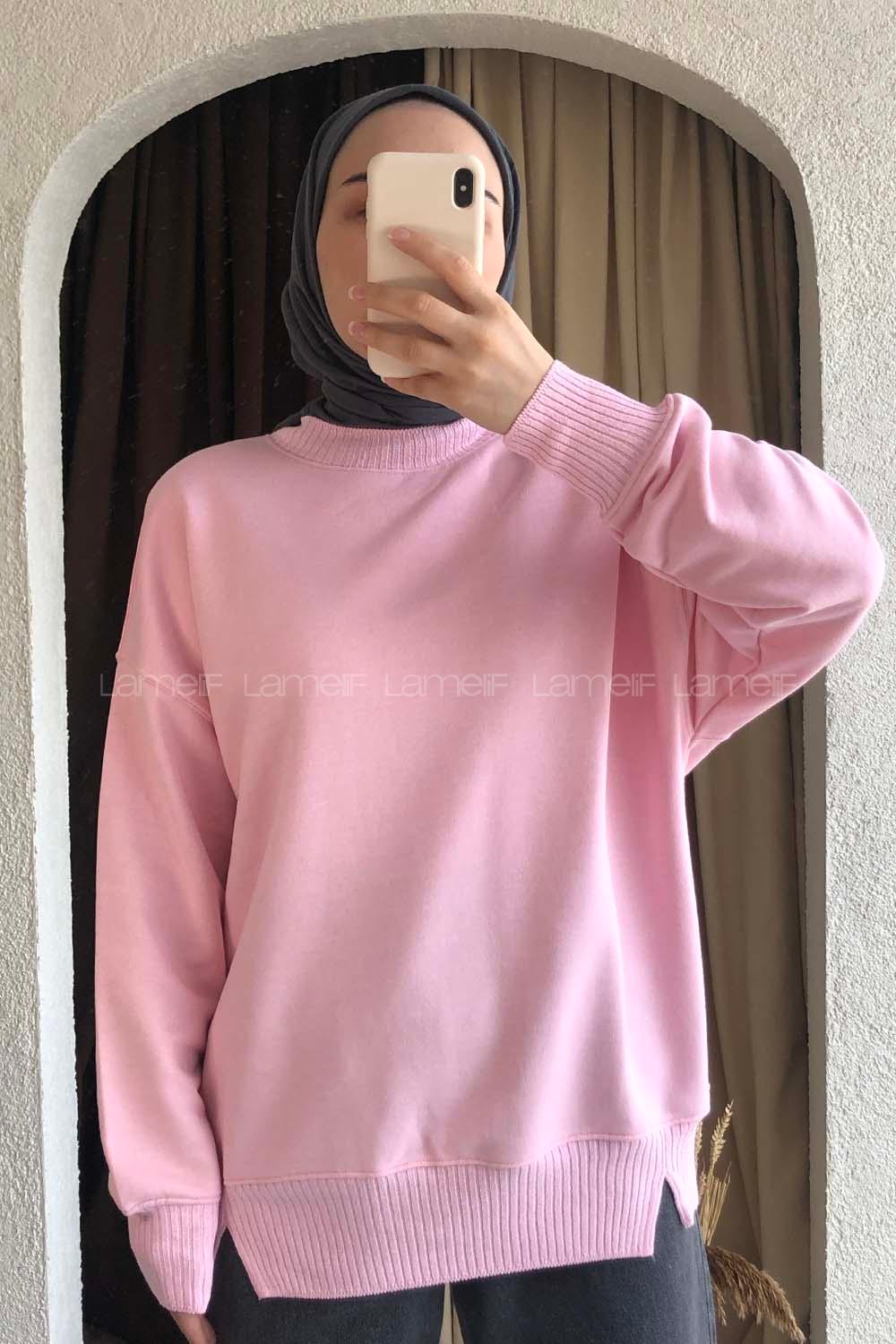 Modalamelif Bisiklet Yaka Düz Renk Desen Tonia Sweat Pudra