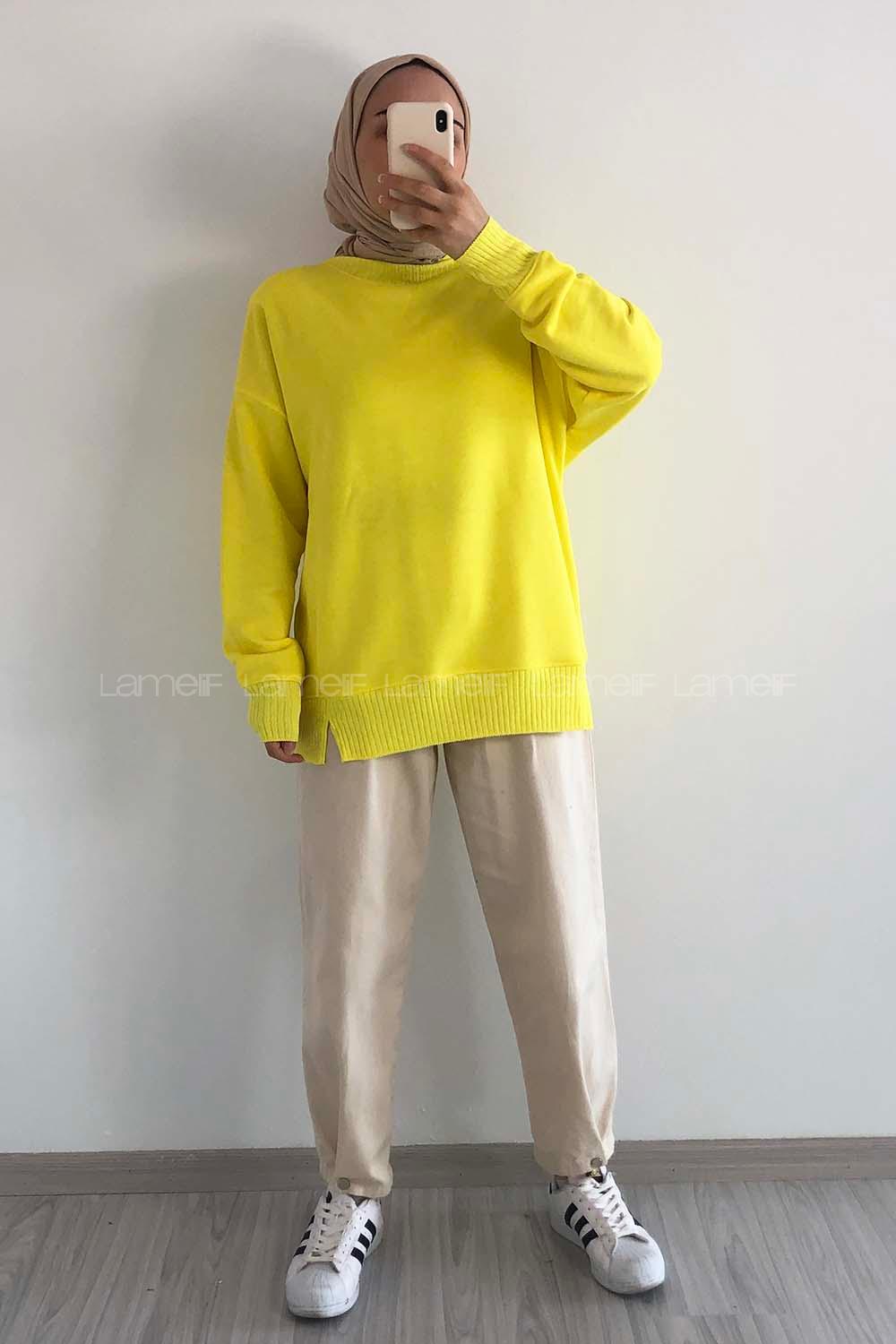 Modalamelif Bisiklet Yaka Düz Renk Desen Tonia Kazak Sarı