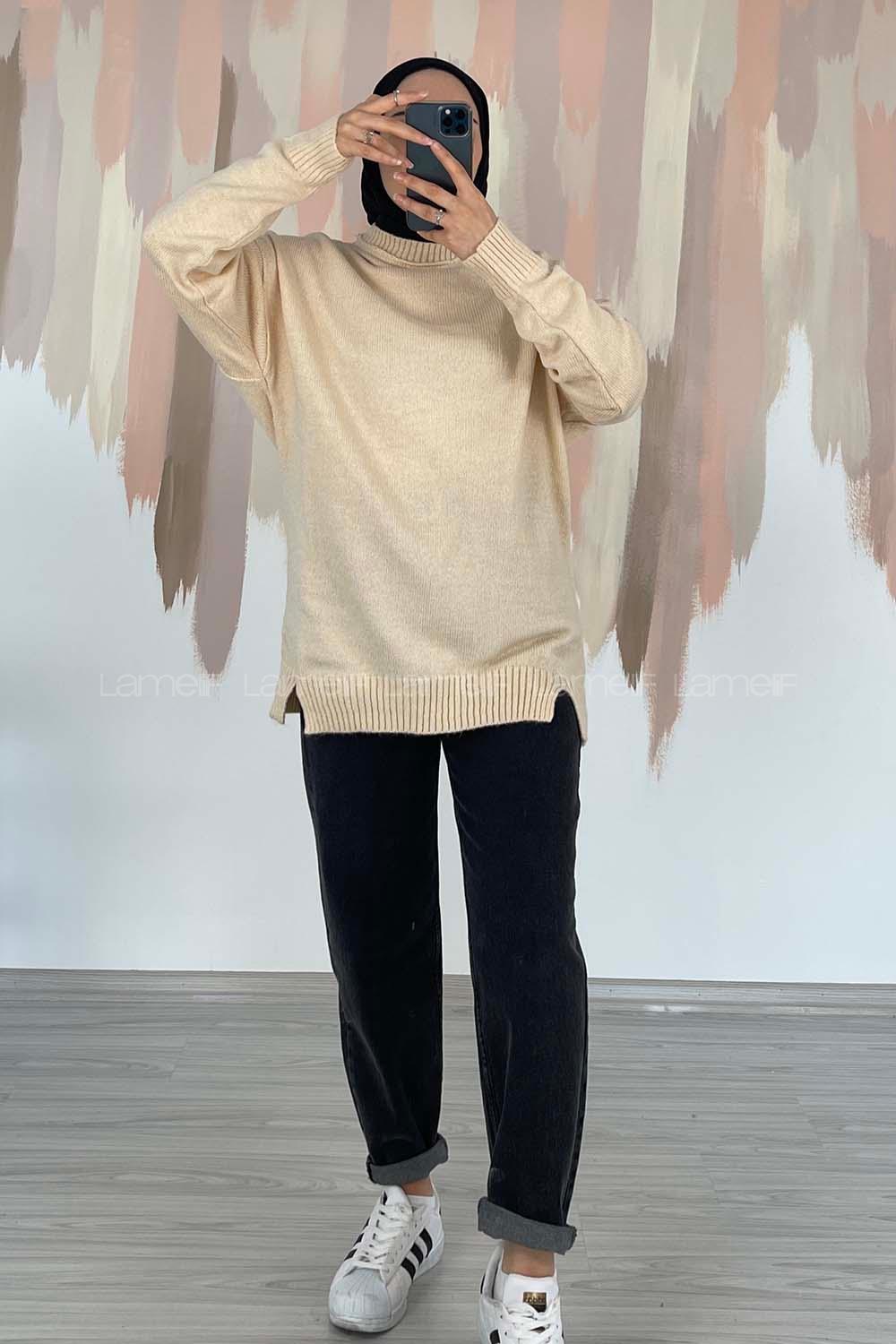 Modalamelif Bisiklet Yaka Kolu Yazı Nakış Detaylı Bertie Triko Kazak Krem