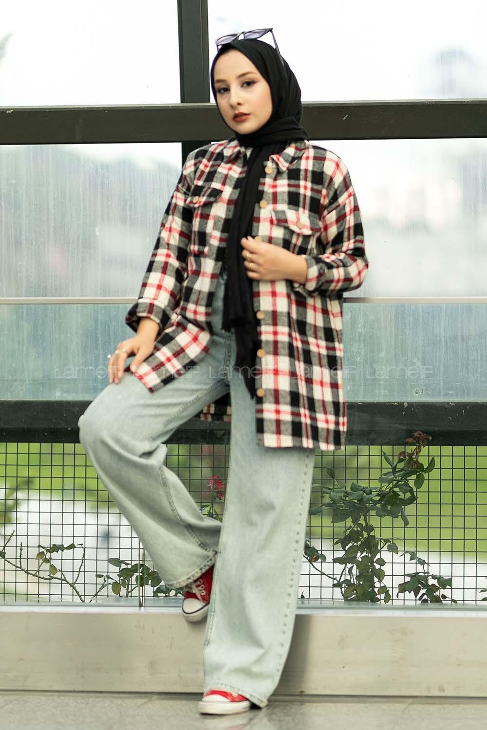 Modalamelif Ekose Desenli Çift Cepli Oduncu Gömlek Siyah-Kırmızı