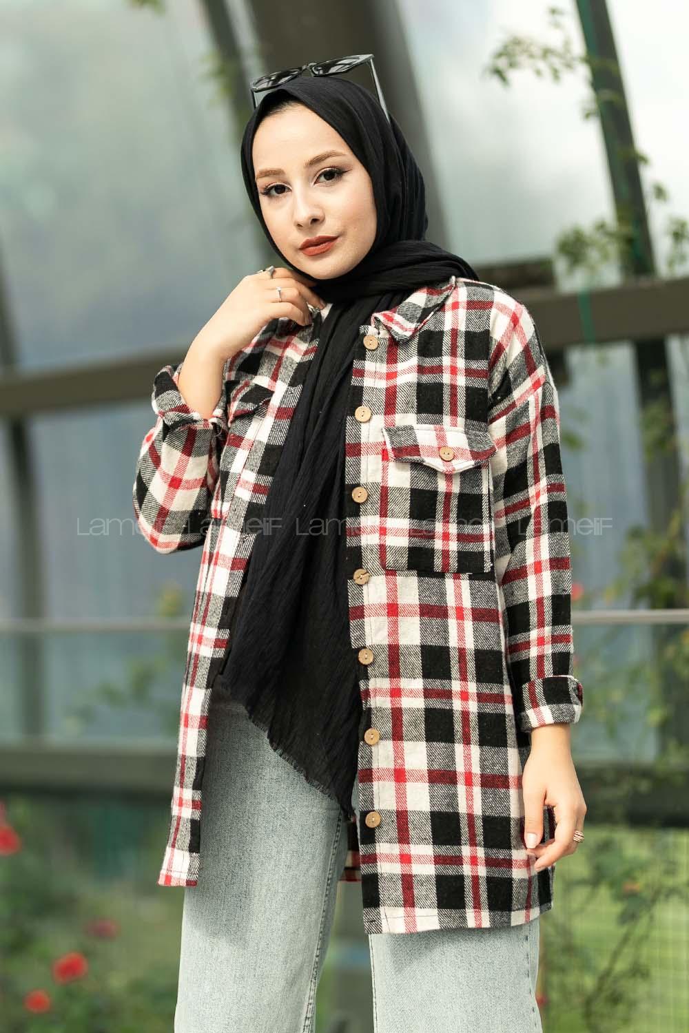 Modalamelif Ekose Desenli Çift Cepli Oduncu Gömlek Siyah-Kırmızı