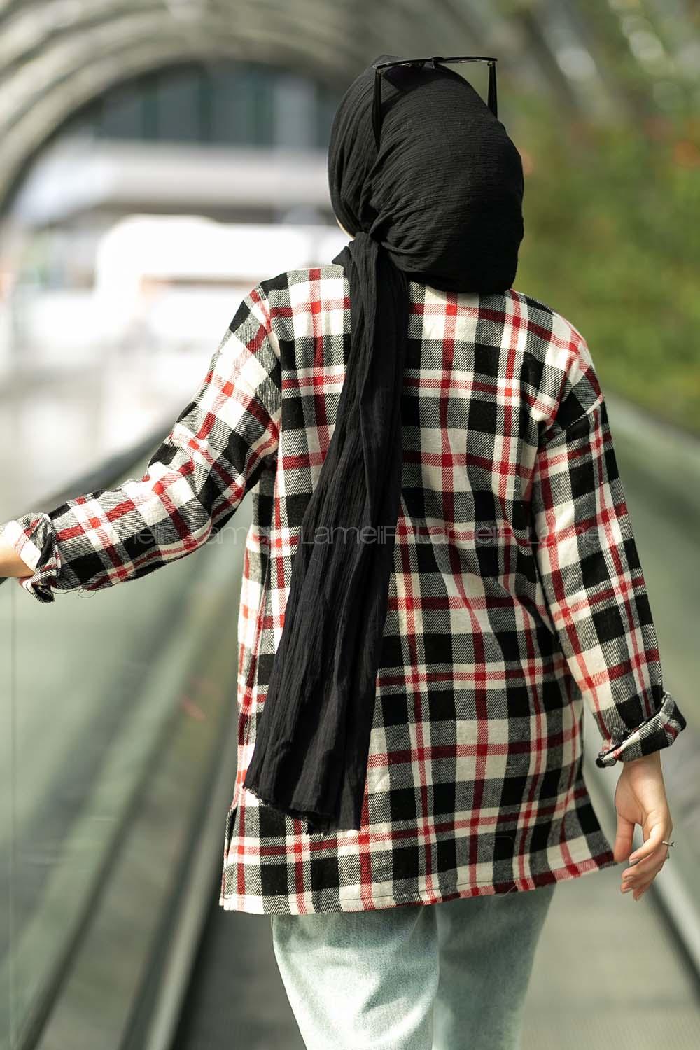 Modalamelif Ekose Desenli Çift Cepli Oduncu Gömlek Siyah-Kırmızı