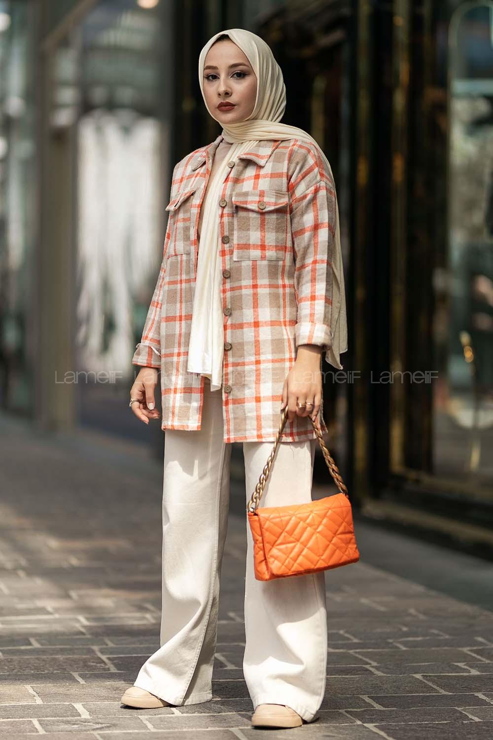 Modalamelif Ekose Desenli Çift Cepli Oduncu Gömlek Sütlü Kahve-Turuncu