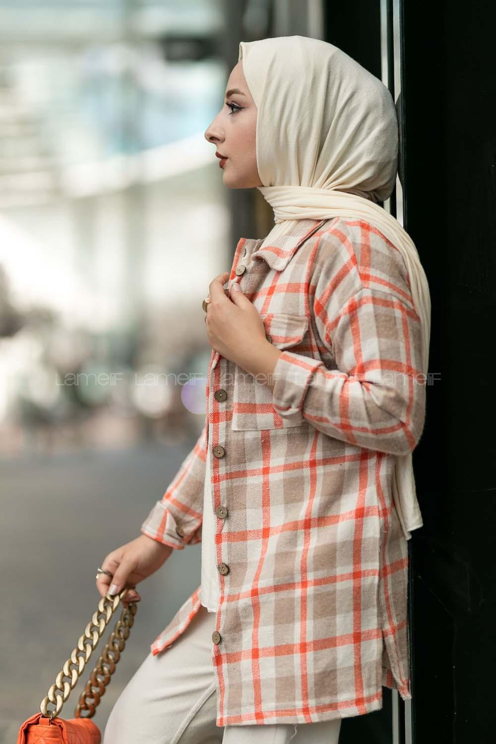 Modalamelif Ekose Desenli Çift Cepli Oduncu Gömlek Sütlü Kahve-Turuncu