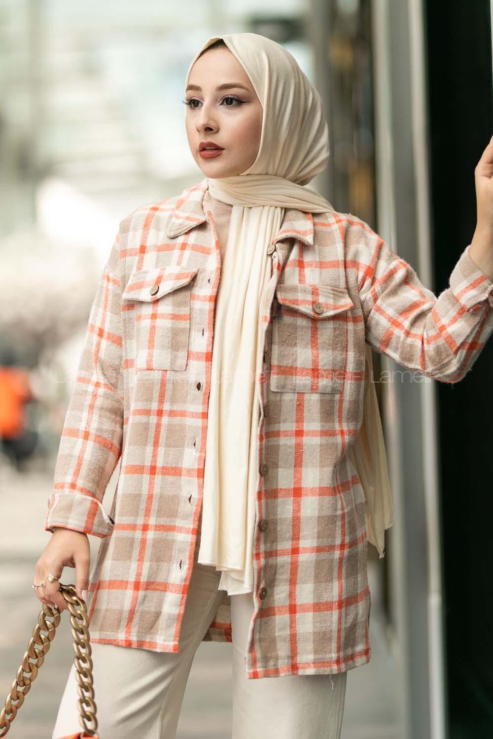 Modalamelif Ekose Desenli Çift Cepli Oduncu Gömlek Sütlü Kahve-Turuncu