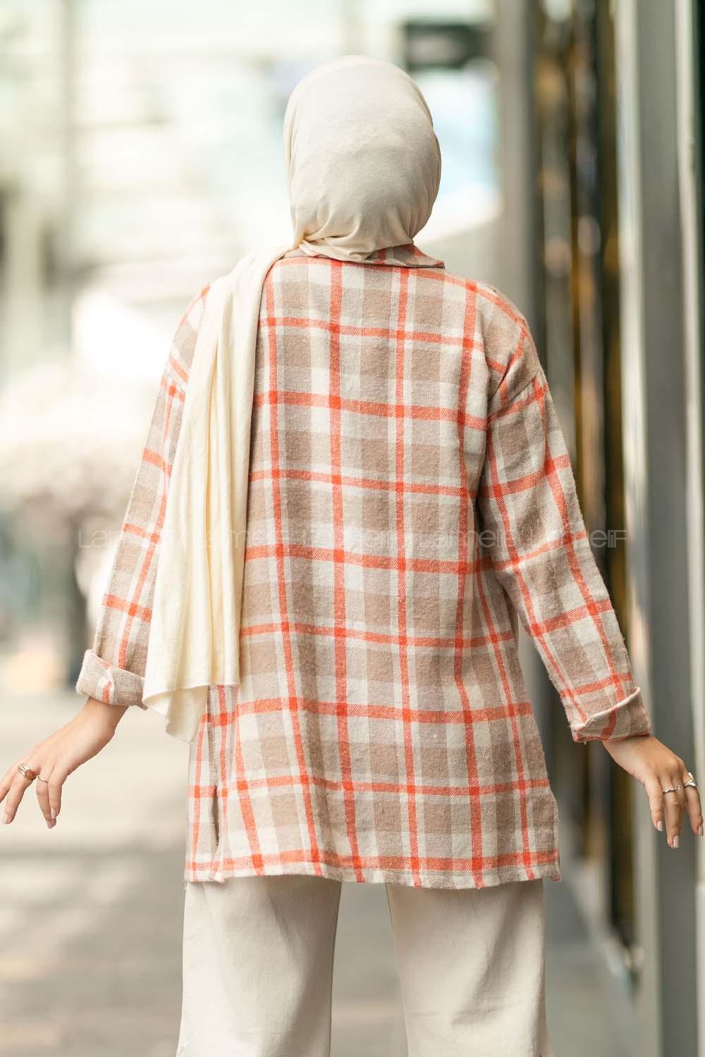 Modalamelif Ekose Desenli Çift Cepli Oduncu Gömlek Sütlü Kahve-Turuncu