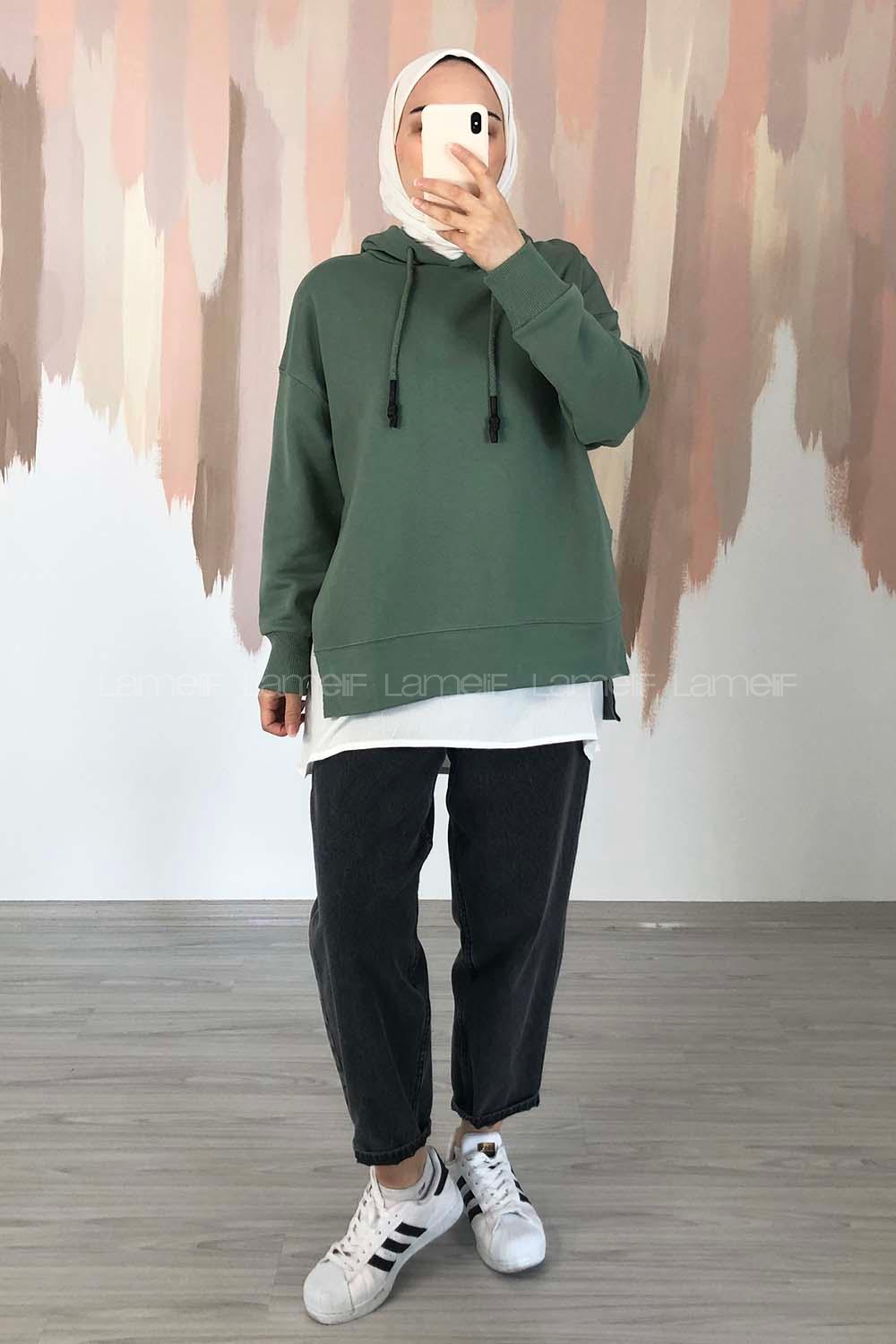 Modalamelif Etek Ucu Garnili Kapüşon Detaylı Yırtmaçlı Anabelle Sweat Çağla Yeşili