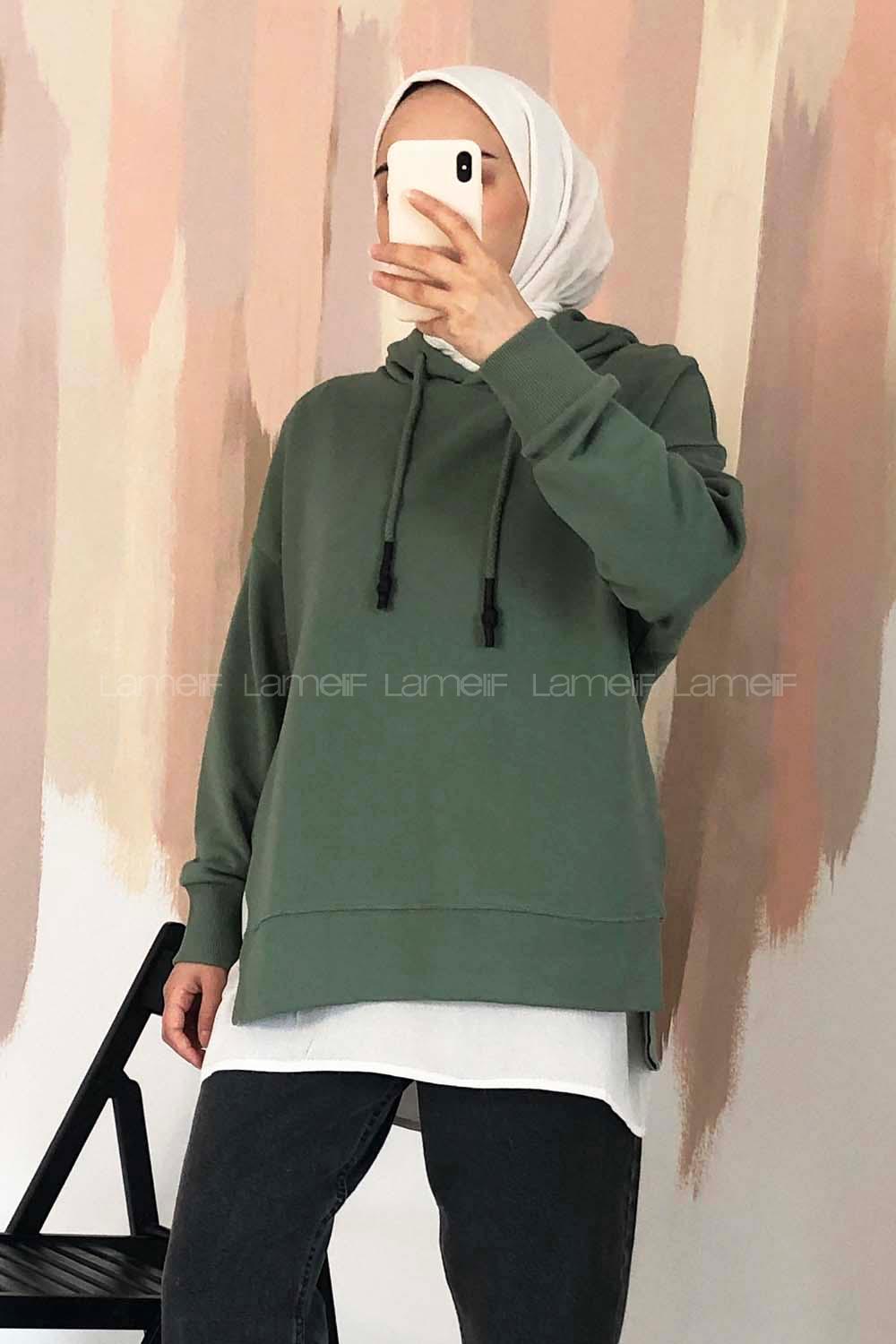 Modalamelif Etek Ucu Garnili Kapüşon Detaylı Yırtmaçlı Anabelle Sweat Çağla Yeşili