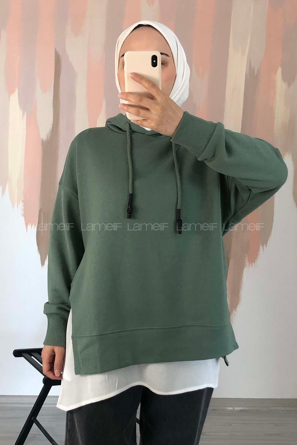 Modalamelif Etek Ucu Garnili Kapüşon Detaylı Yırtmaçlı Anabelle Sweat Çağla Yeşili