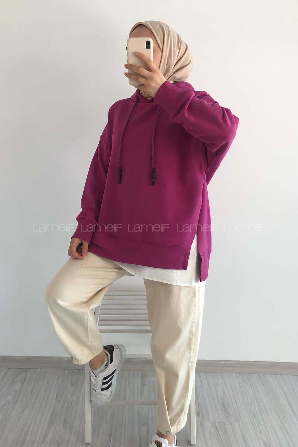 Modalamelif Etek Ucu Garnili Kapüşon Detaylı Yırtmaçlı Anabelle Sweat Fuşya