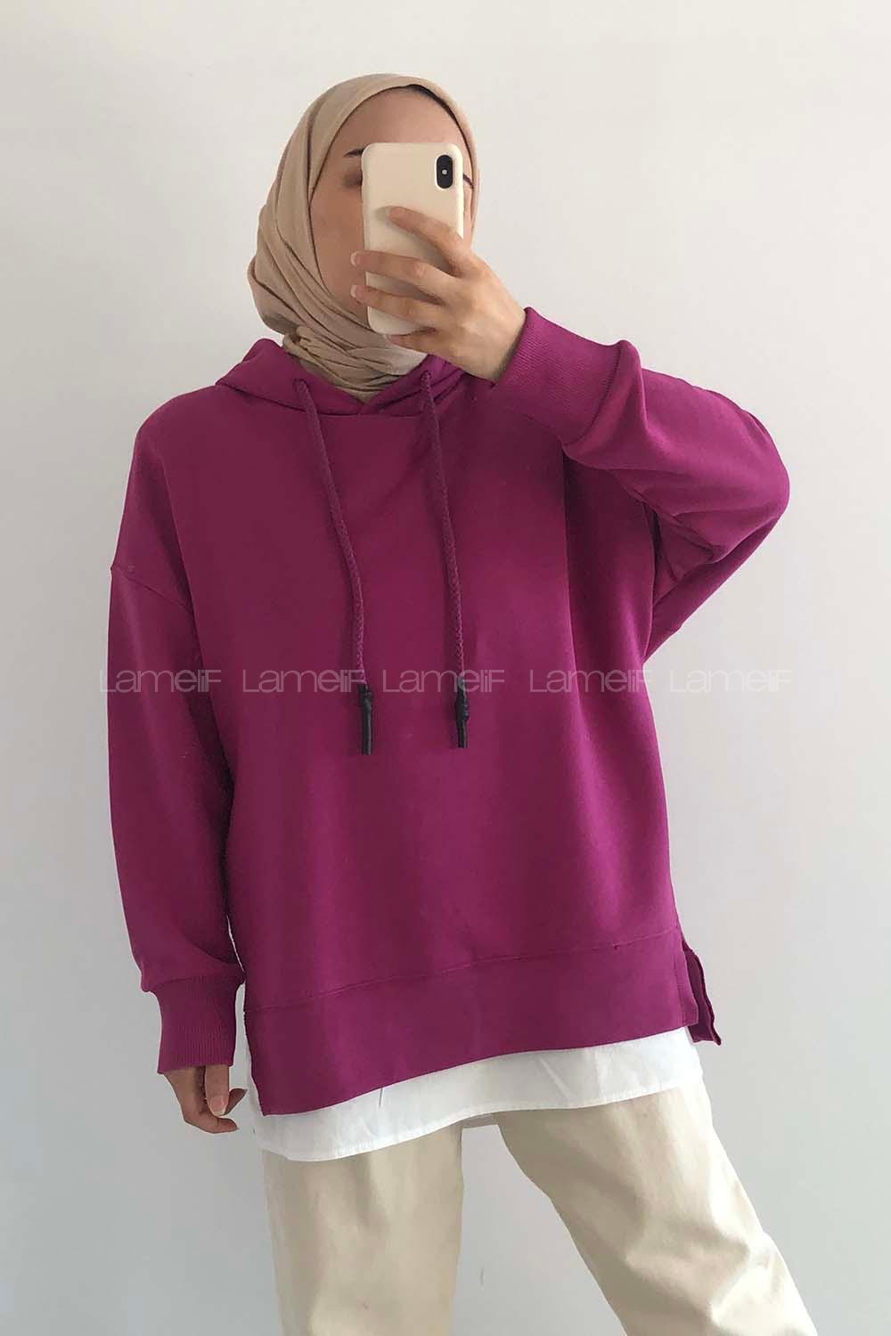 Modalamelif Etek Ucu Garnili Kapüşon Detaylı Yırtmaçlı Anabelle Sweat Fuşya