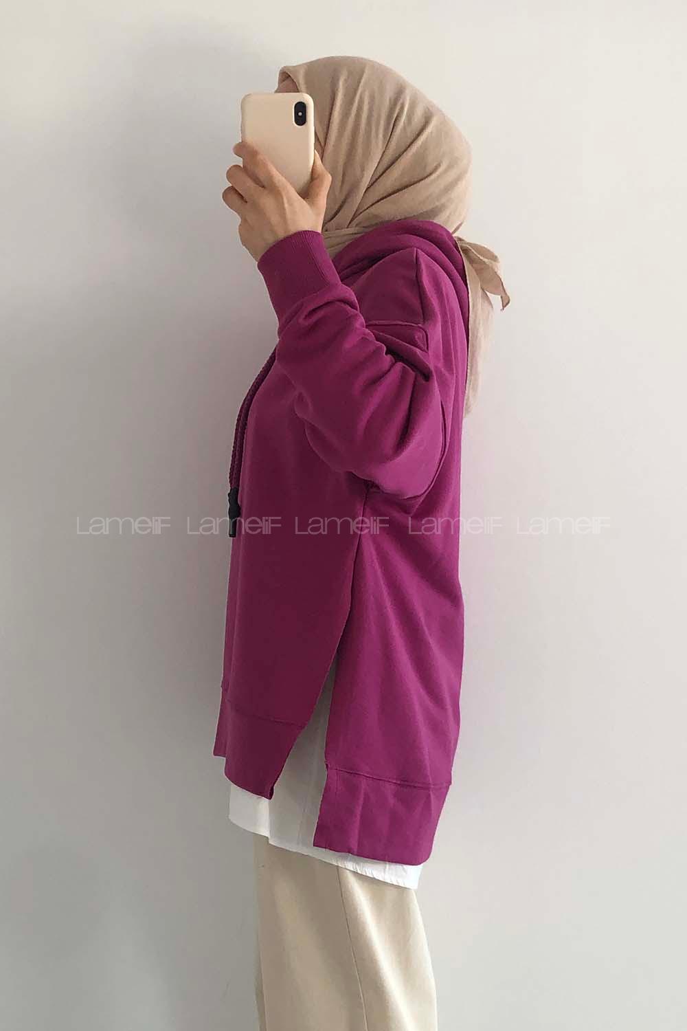 Modalamelif Etek Ucu Garnili Kapüşon Detaylı Yırtmaçlı Anabelle Sweat Fuşya