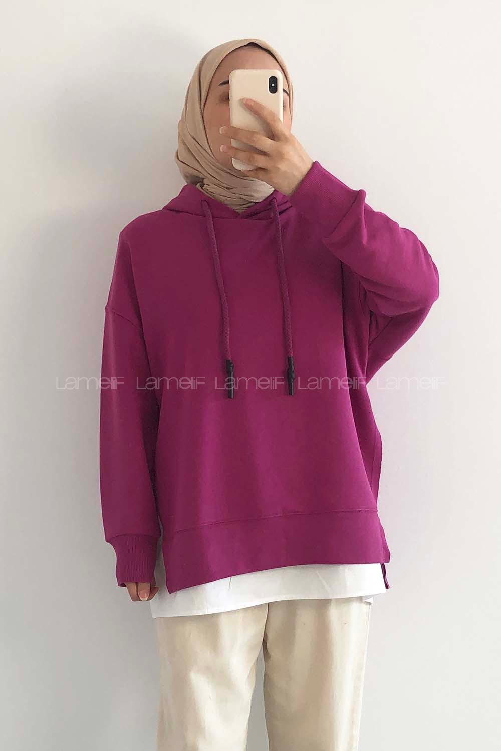 Modalamelif Etek Ucu Garnili Kapüşon Detaylı Yırtmaçlı Anabelle Sweat Fuşya