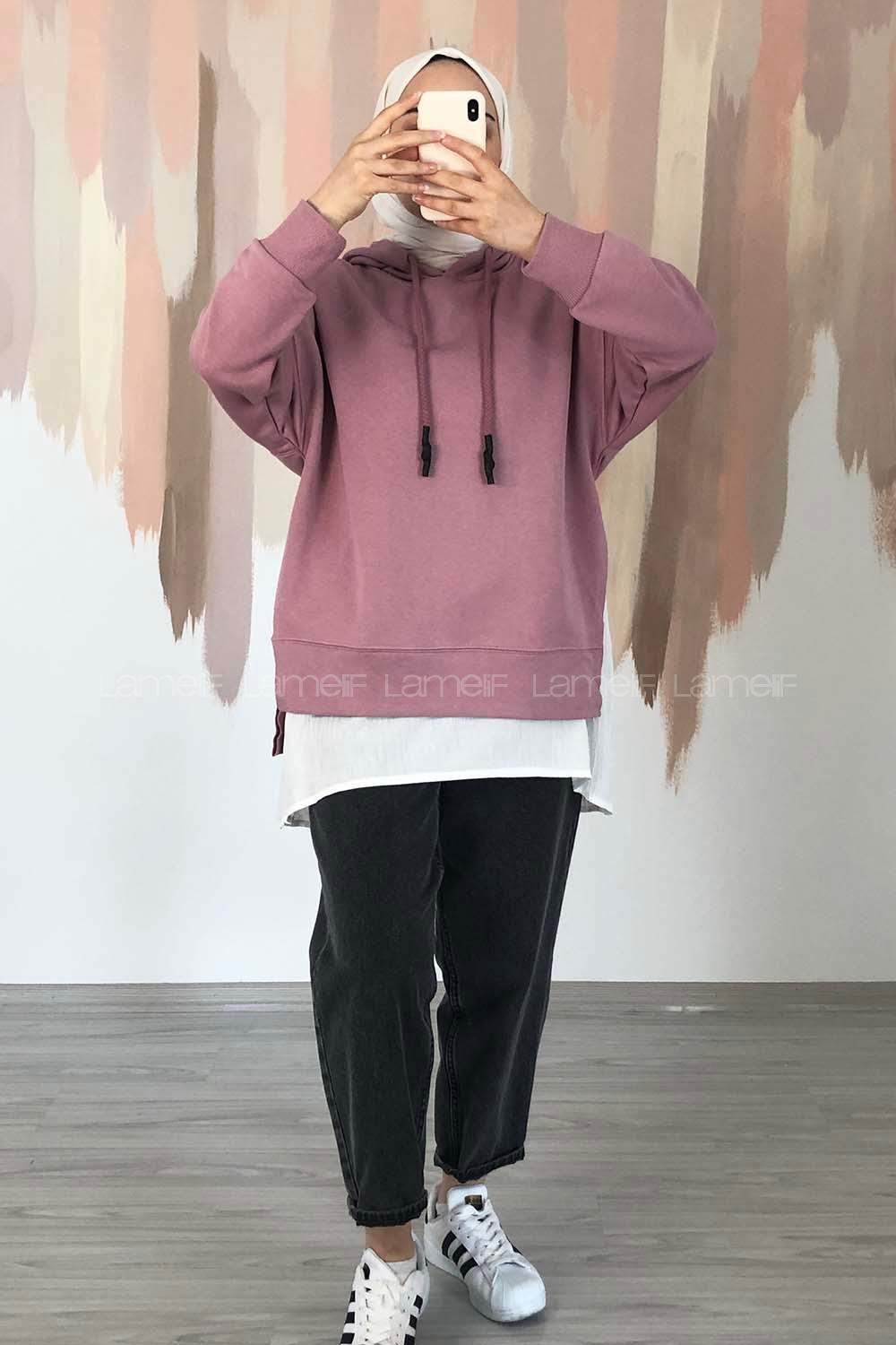 Modalamelif Etek Ucu Garnili Kapüşon Detaylı Yırtmaçlı Anabelle Sweat Gül