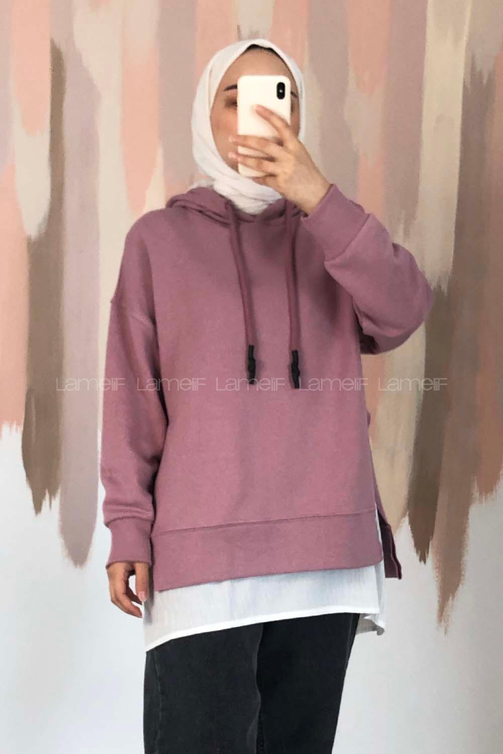 Modalamelif Etek Ucu Garnili Kapüşon Detaylı Yırtmaçlı Anabelle Sweat Gül