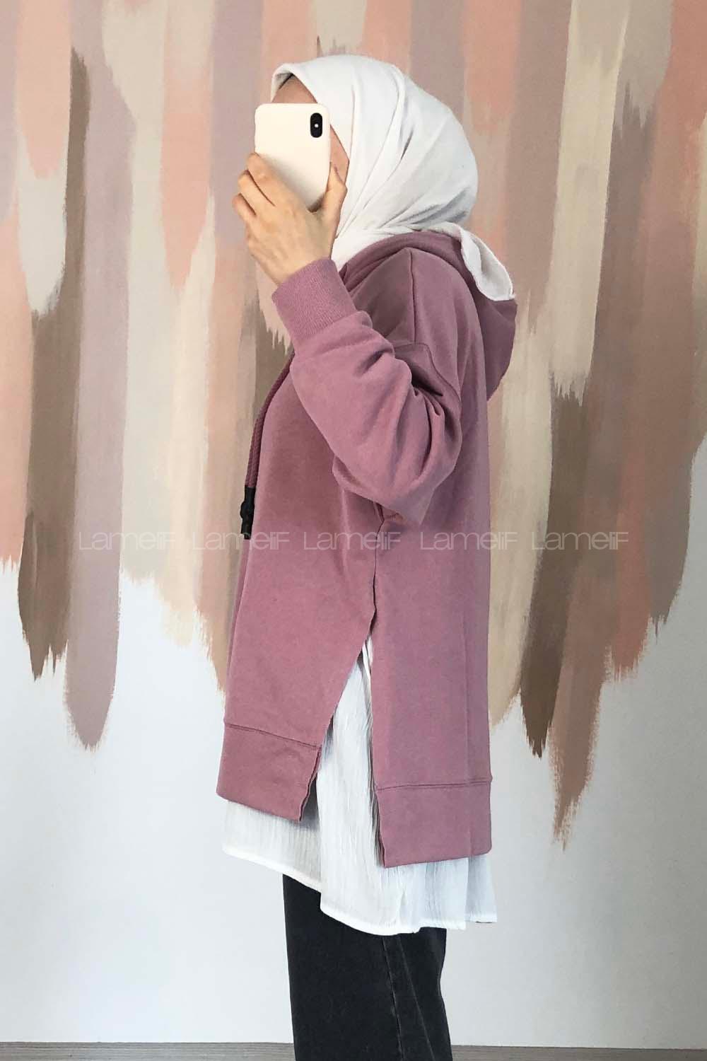 Modalamelif Etek Ucu Garnili Kapüşon Detaylı Yırtmaçlı Anabelle Sweat Gül