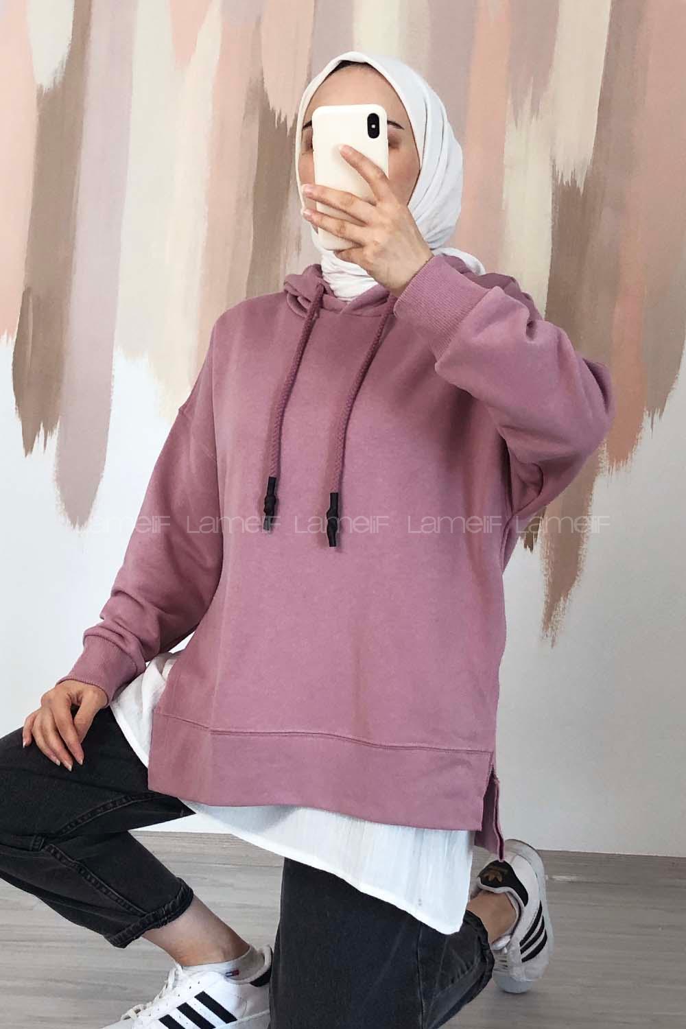 Modalamelif Etek Ucu Garnili Kapüşon Detaylı Yırtmaçlı Anabelle Sweat Gül