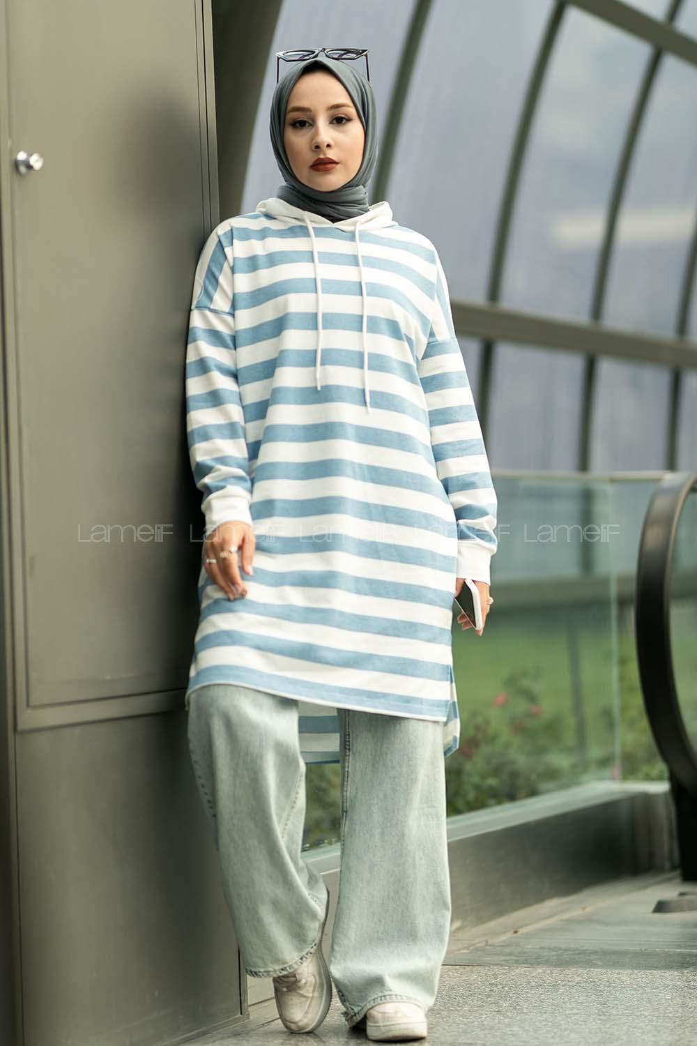 Modalamelif Kapüşon Detaylı Çizgi Şeritli Yırtmaçlı Tunik Açık Mavi