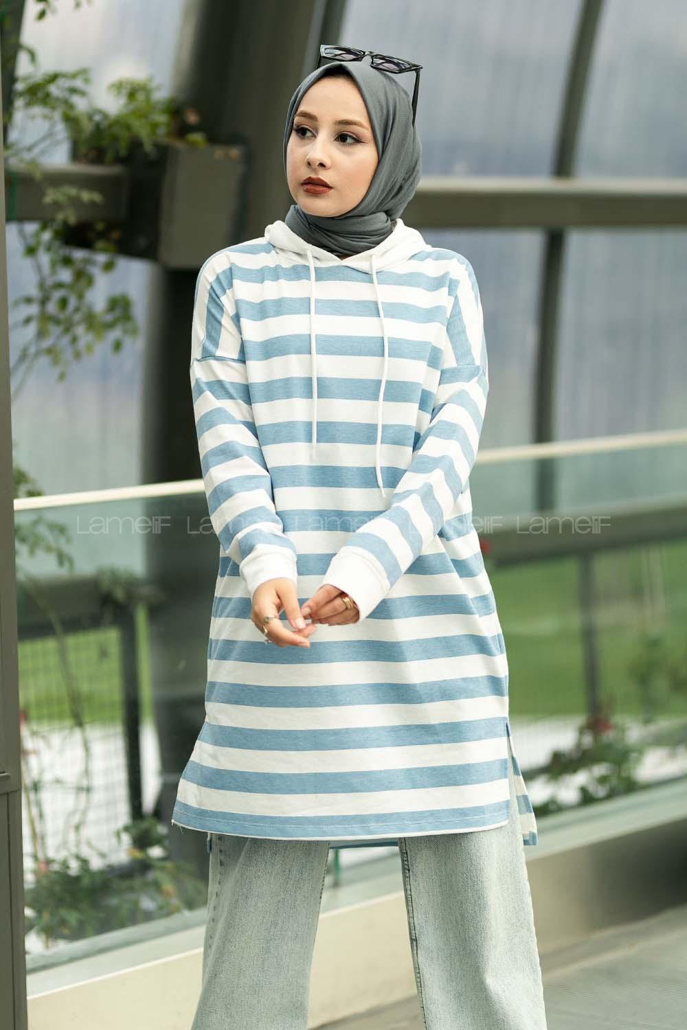 Modalamelif Kapüşon Detaylı Çizgi Şeritli Yırtmaçlı Tunik Açık Mavi