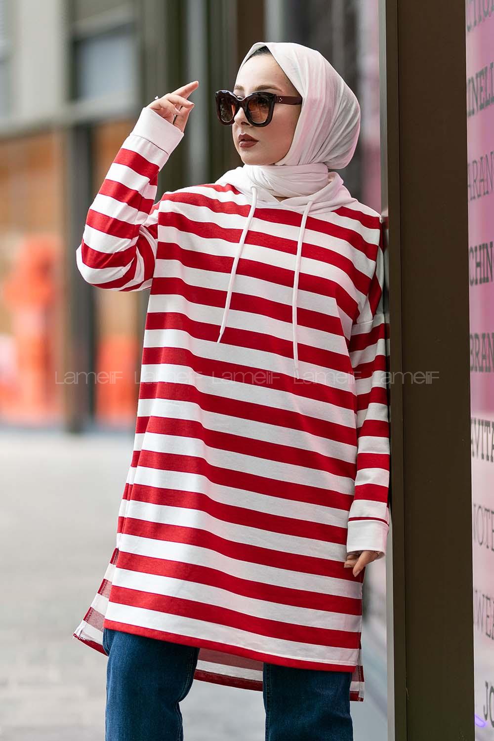 Modalamelif Kapüşon Detaylı Çizgi Şeritli Yırtmaçlı Tunik Kırmızı