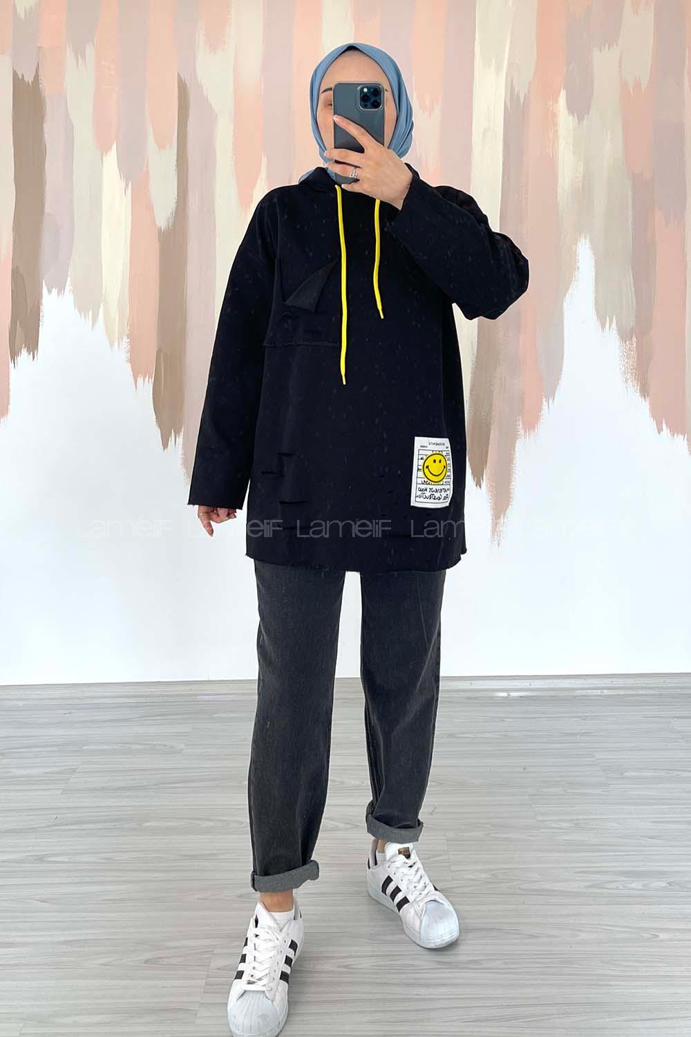 Modalamelif Kapüşon Detaylı Kesik Modelli Sweatshirt Tunik Siyah