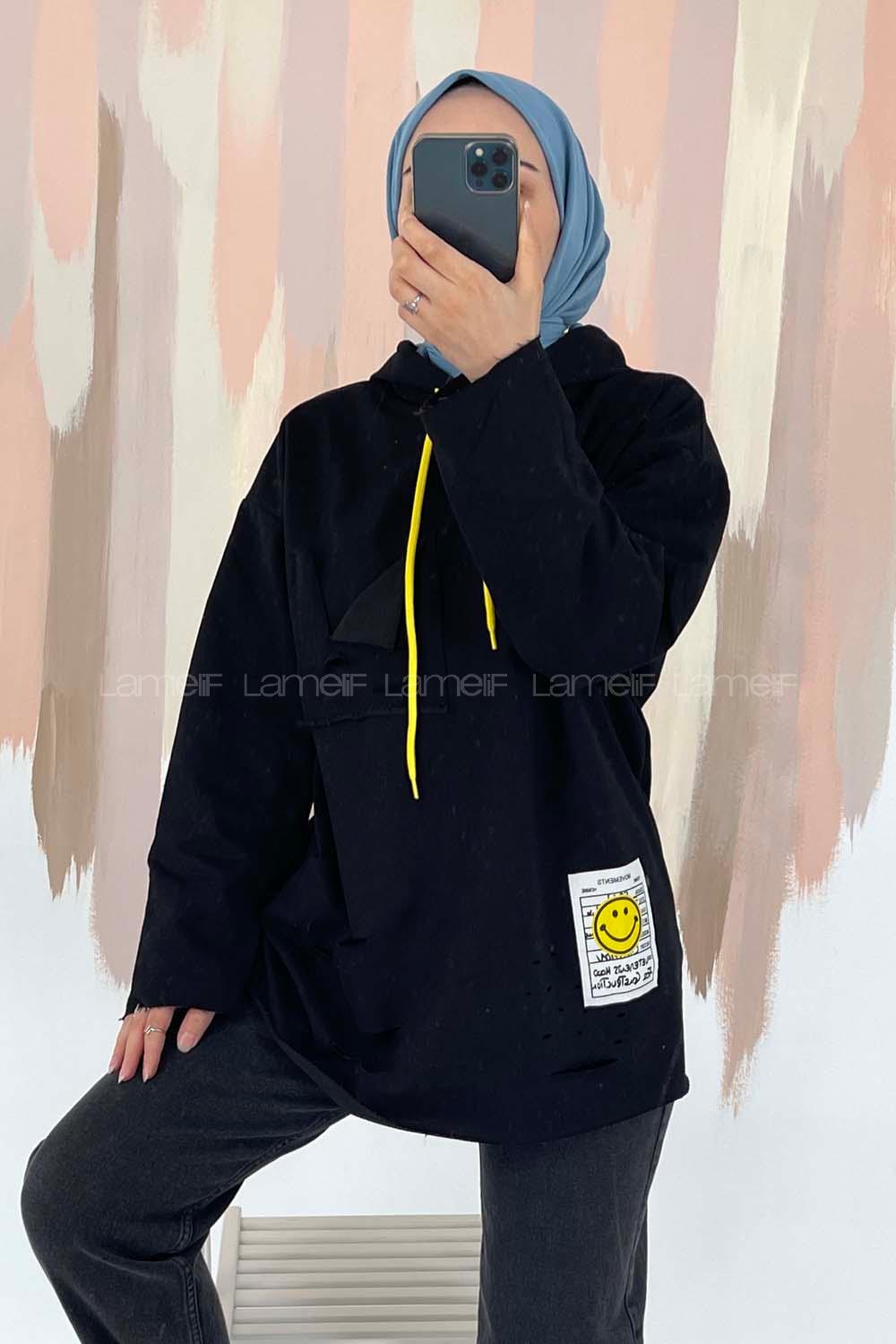 Modalamelif Kapüşon Detaylı Kesik Modelli Sweatshirt Tunik Siyah